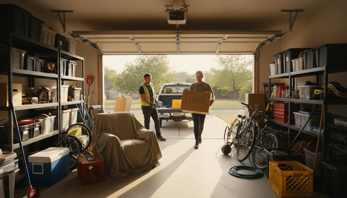 Professional junk removal team clearing a Montreal garage, loading items into truck