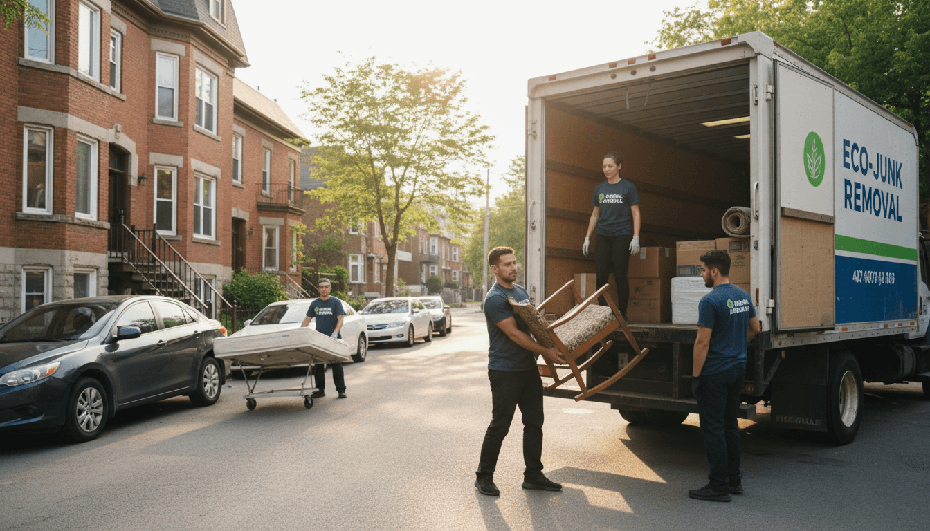 SJ Débarras junk removal team loading furniture into truck in Montreal