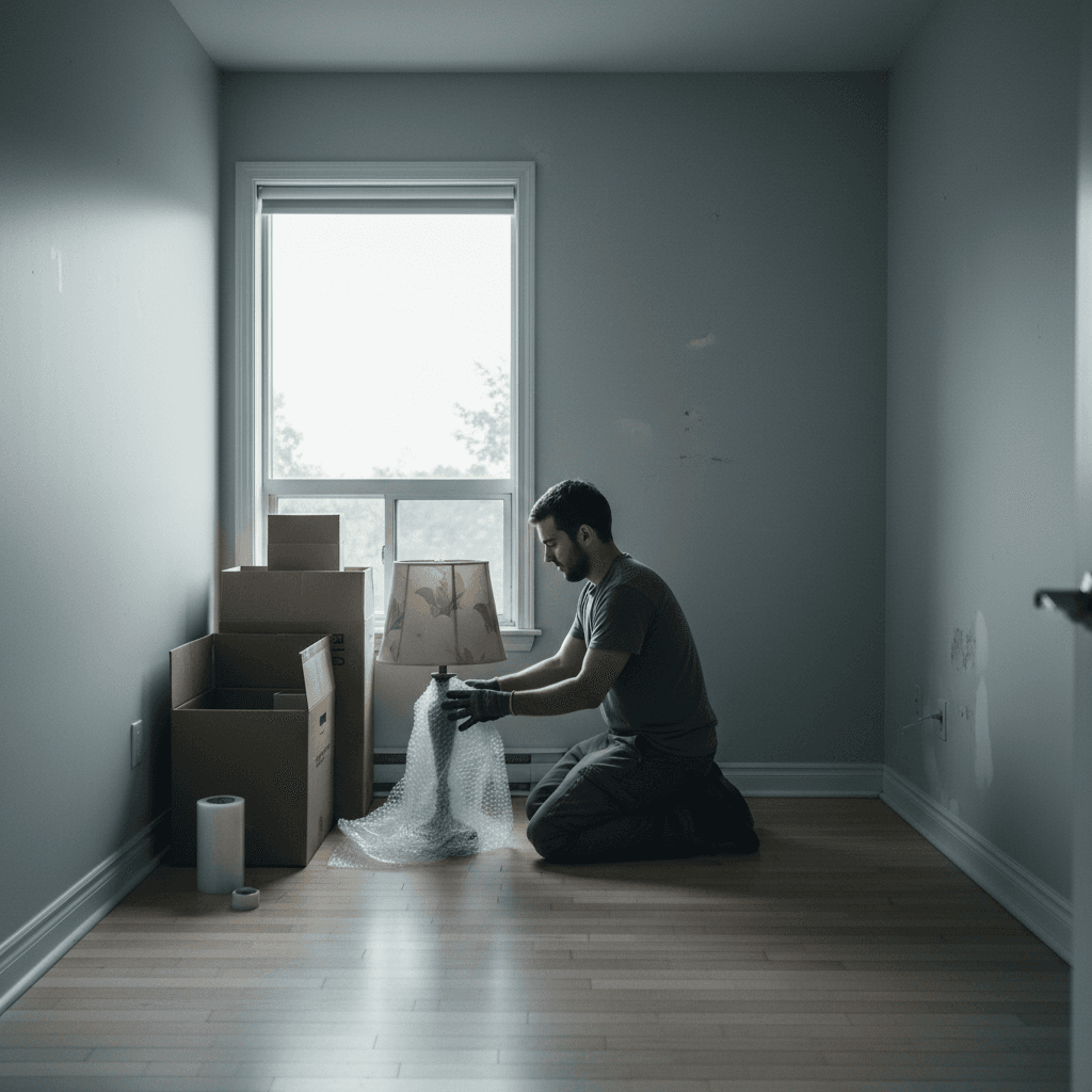 Apartment cleanout showing careful item handling in compact space