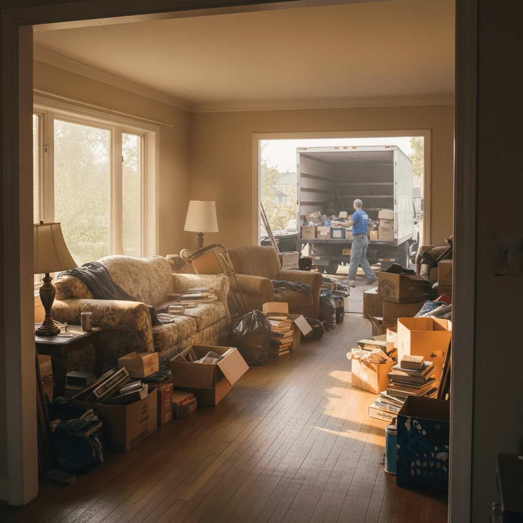 House cleanout in progress showing a full living room