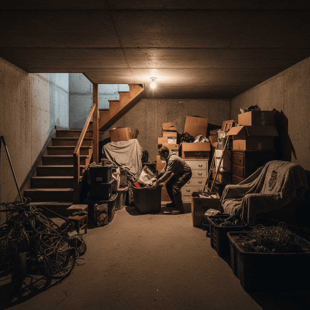 Basement cleanout showing professional navigation of stairs and tight spaces