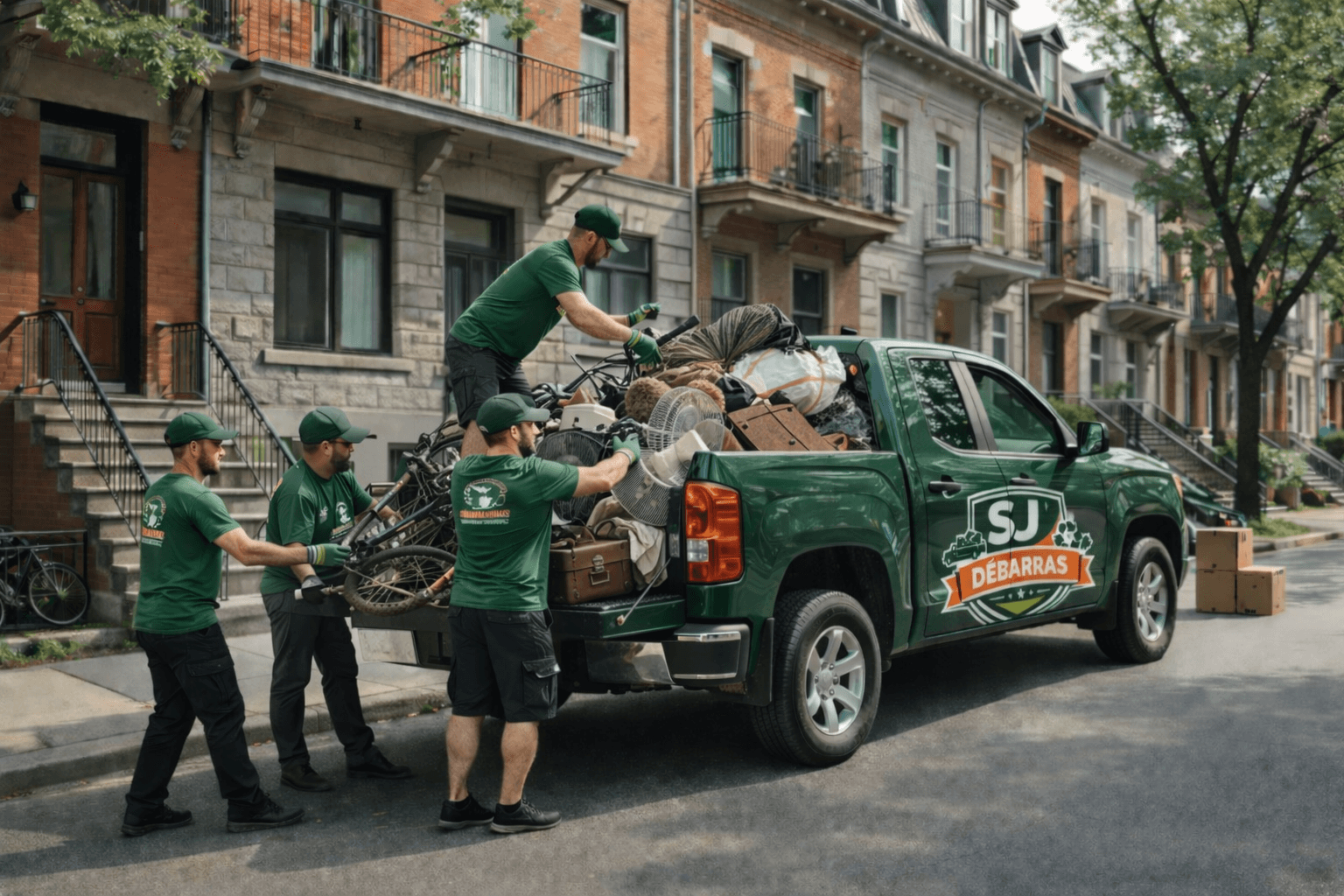 Four uniformed men load a green pickup truck with belongings on a residential street.
